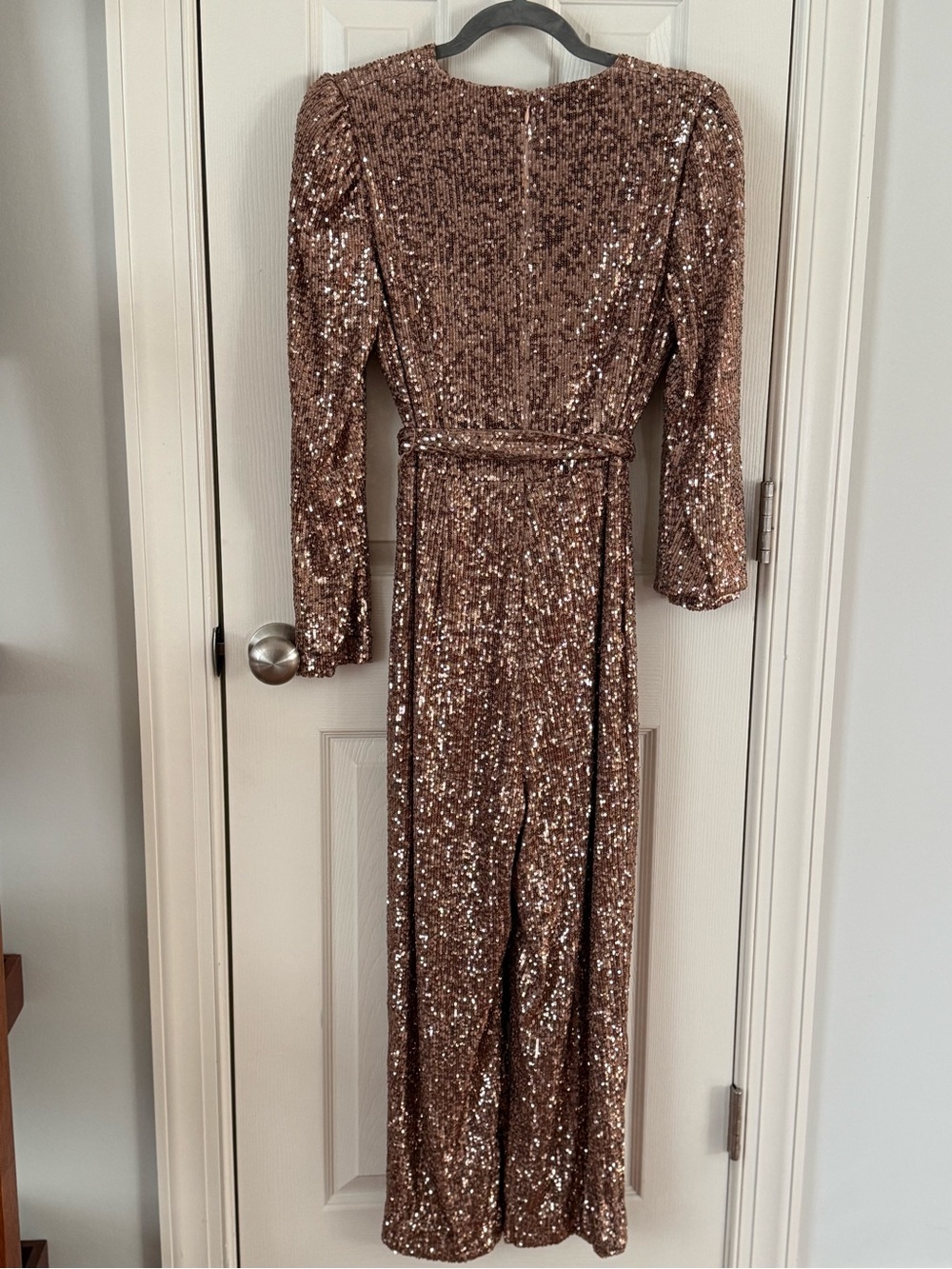 Alex Marie Rose Gold Sequin Jumpsuit Size 8 Belted Wide Leg Formal - Picture 8 of 16